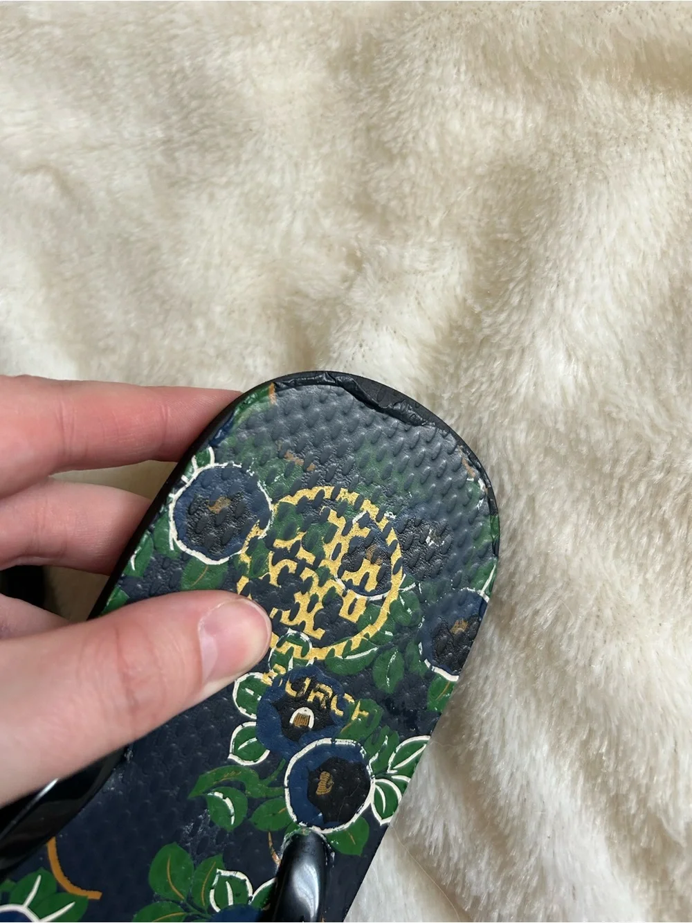 Tory Burch green floral flip flops women's 8-9 gold logo